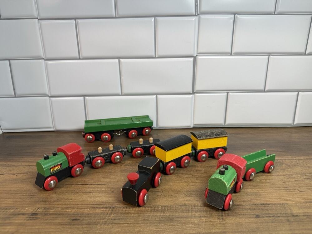 Vintage BRIO Wooden Railway Train Cars Lot of 9 Made in Sweden Magnetic